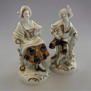 Antique Victorian Courting Couple Blue Gold Hand Painted Signed Figurines